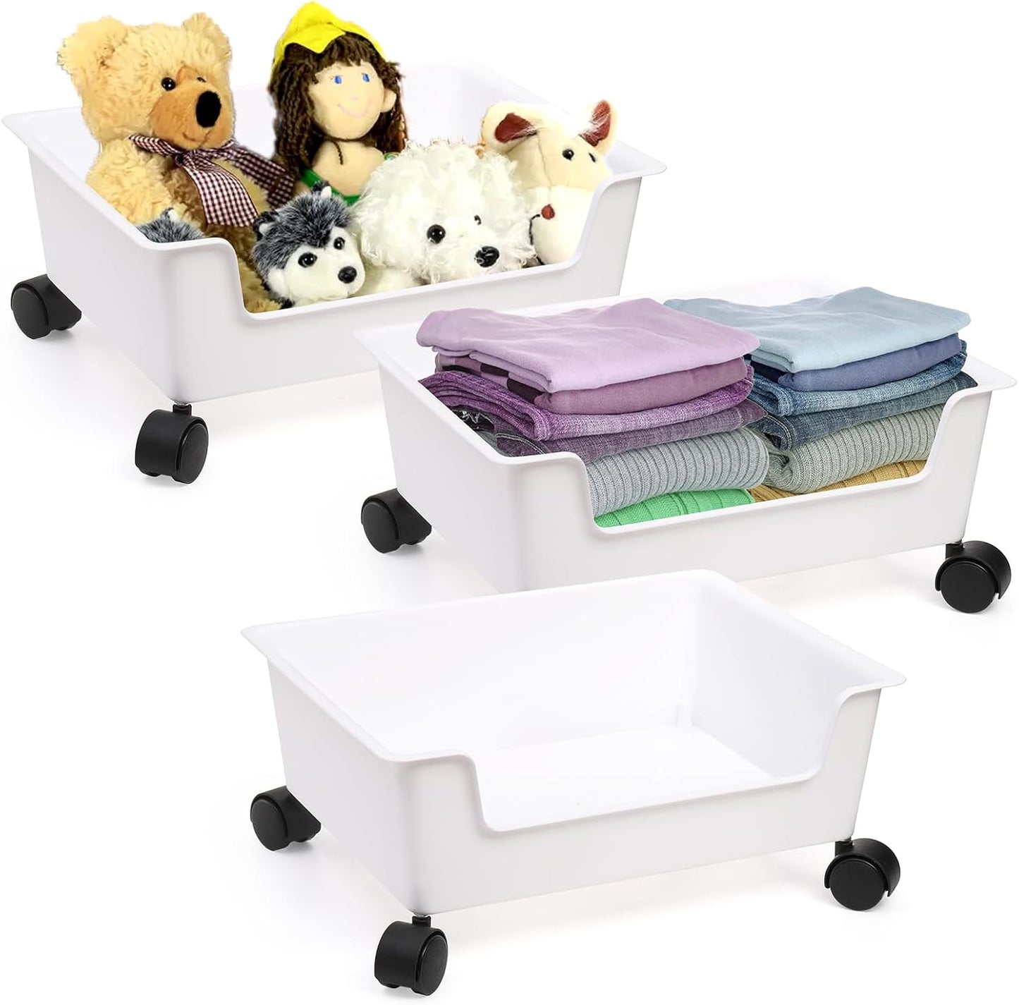 White Plastic Rolling Storage Bins (3 Pack) – Under Bed/Closet Organizer with Wheels, 15×11.75×6.75 inch