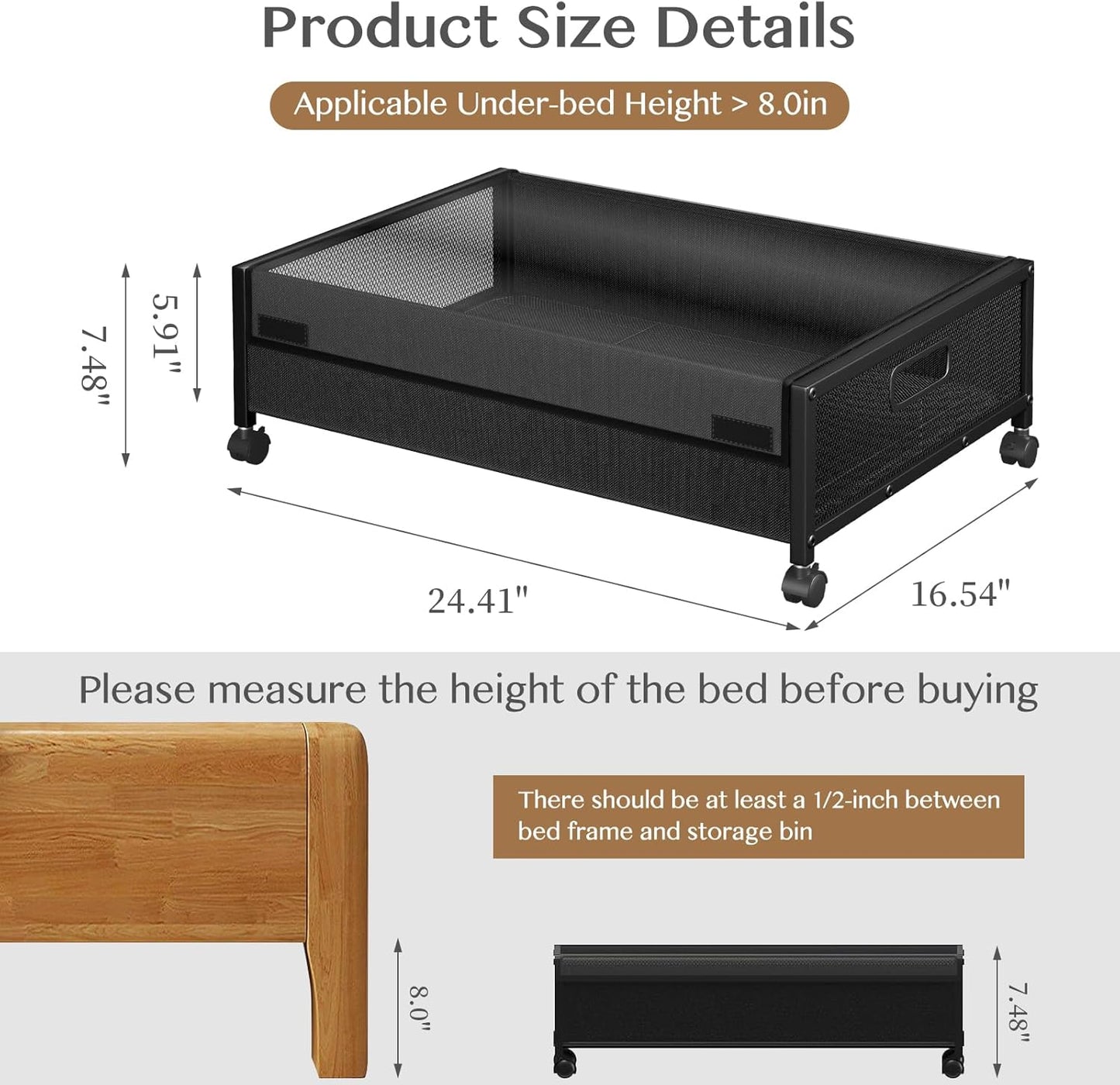 Black Metal Under Bed Storage Bins (2 Pack) – Rolling Wire Storage Organizer, 24.41×16.54×7.48 inch