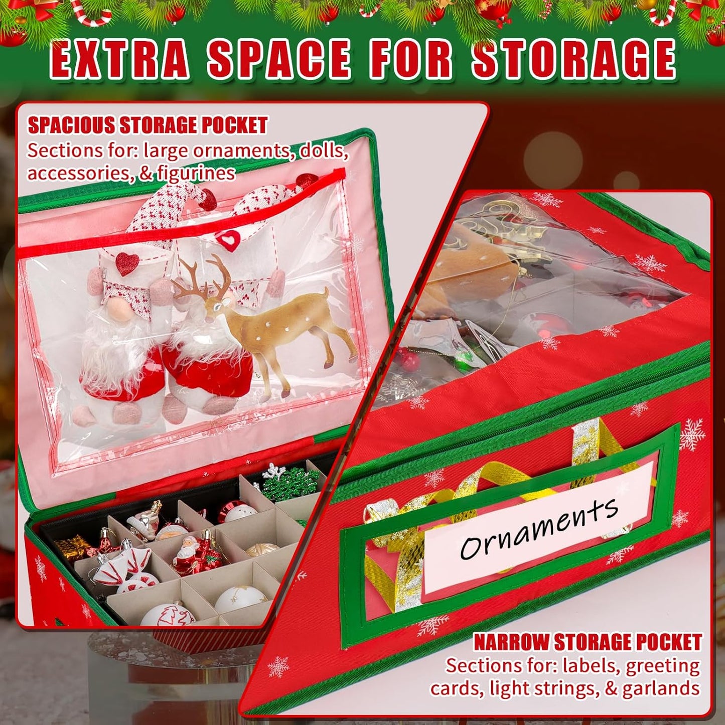 Christmas Ornament Storage Box – 48 Compartments with Removable Trays, Handles, 20×14×6.3 inch