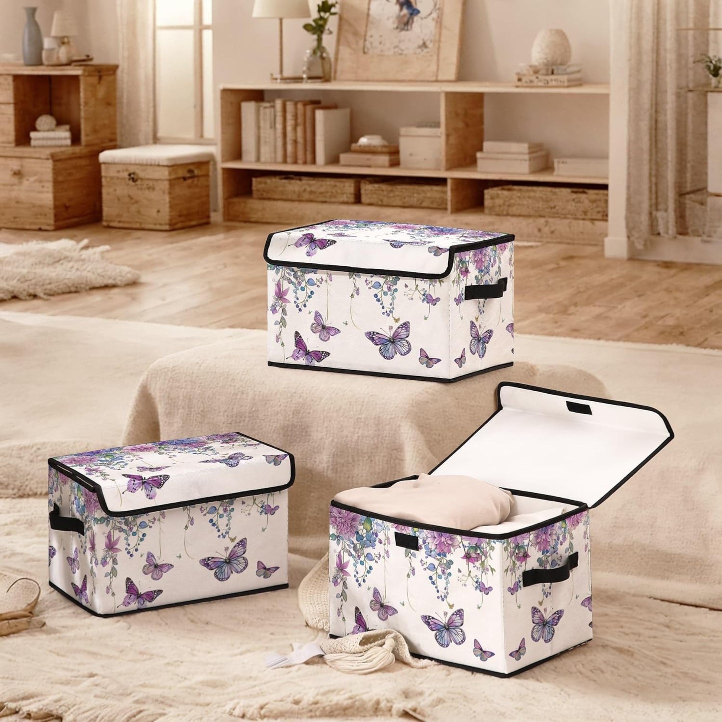 Butterfly Floral Fabric Storage Box (3 Pack) – Foldable Organizer with Lid, 38×24×24cm