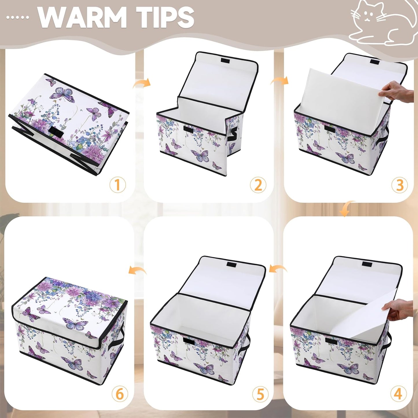 Butterfly Floral Fabric Storage Box (3 Pack) – Foldable Organizer with Lid, 38×24×24cm