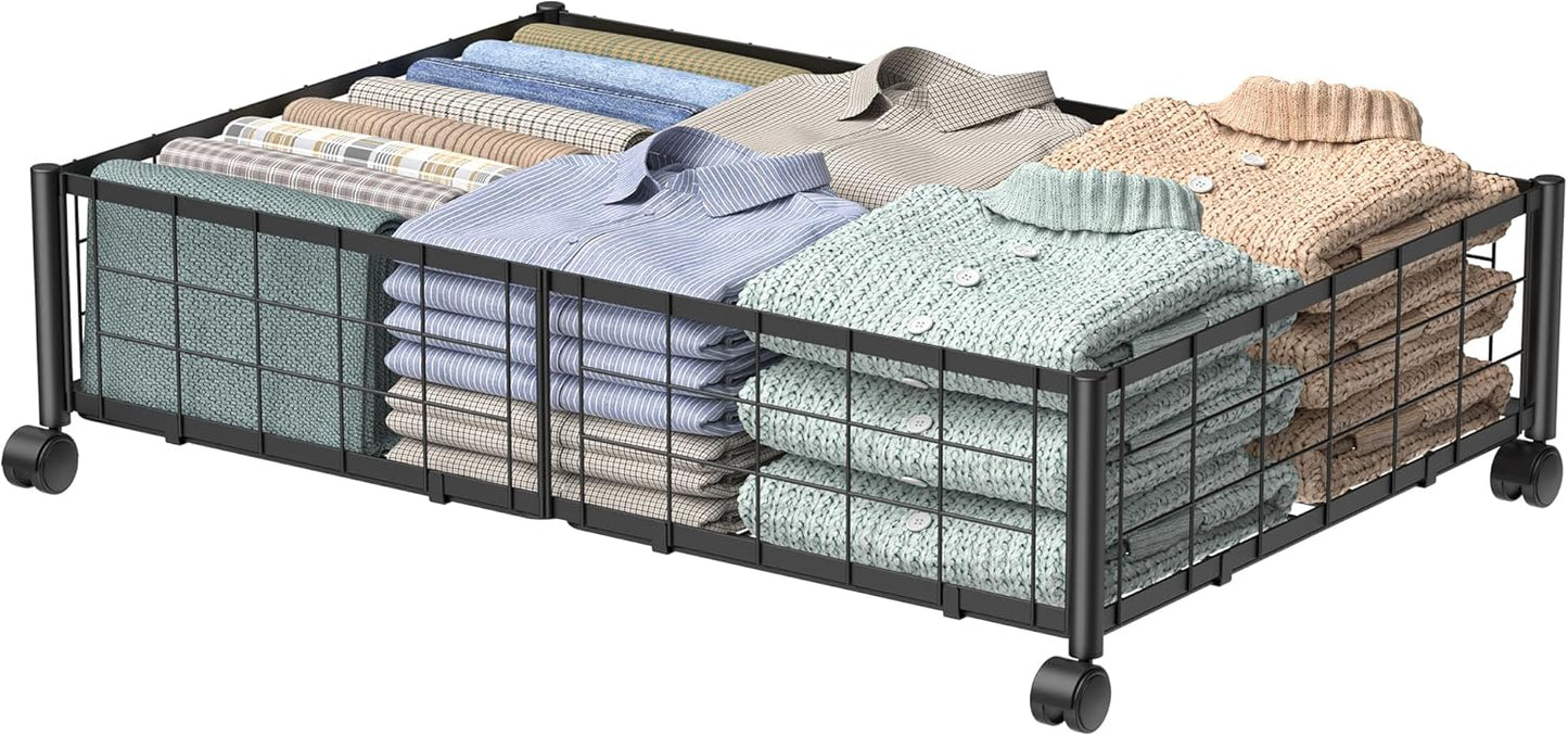 Metal Rolling Storage Basket – Foldable Wire Organizer with Wheels, 23.22×15.74×6.29 inch