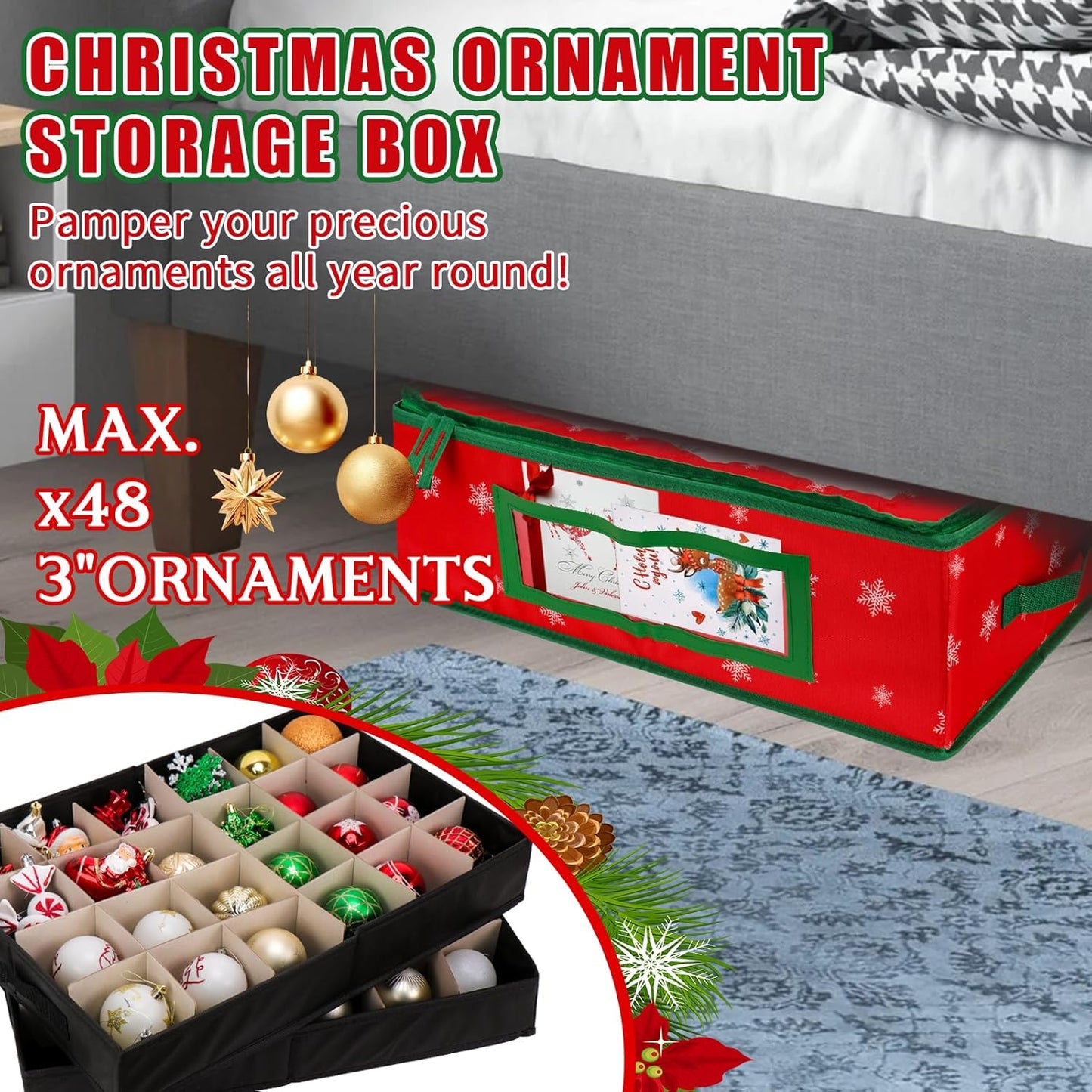 Christmas Ornament Storage Box – 48 Compartments with Removable Trays, Handles, 20×14×6.3 inch