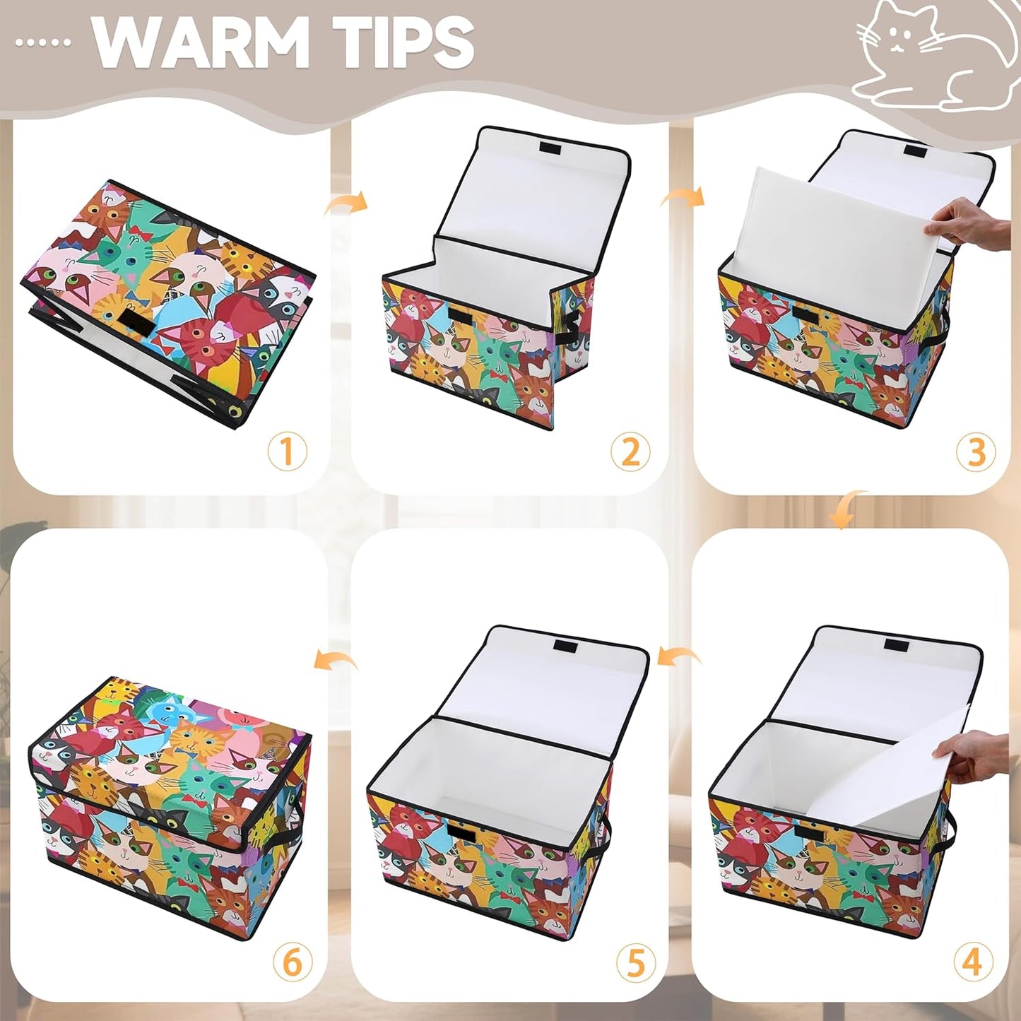 Cartoon Cat Fabric Storage Box (3 Pack) – Foldable Organizer with Lid, 38×24×24cm
