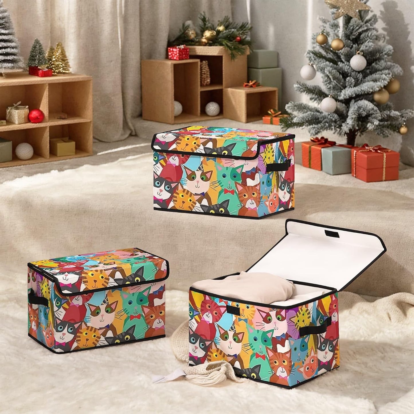 Cartoon Cat Fabric Storage Box (3 Pack) – Foldable Organizer with Lid, 38×24×24cm
