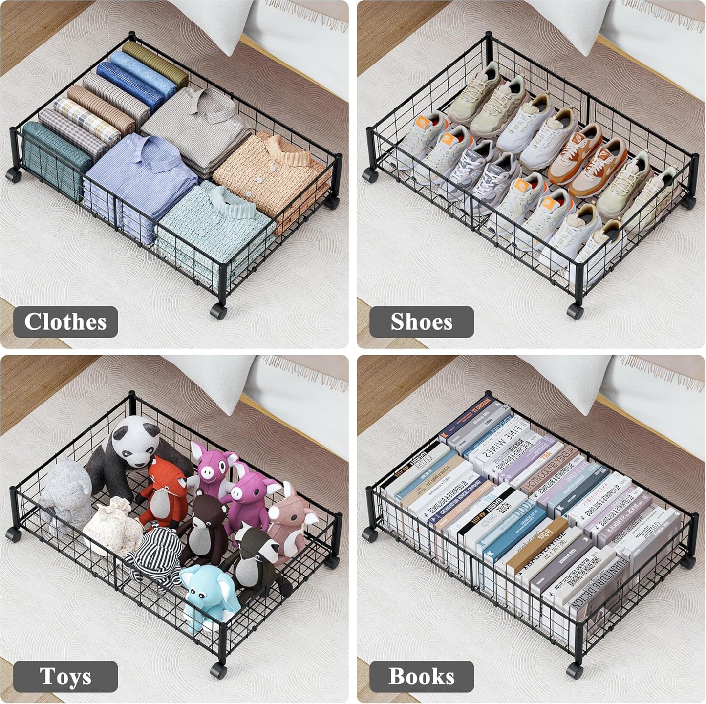 Metal Rolling Storage Basket – Foldable Wire Organizer with Wheels, 23.22×15.74×6.29 inch
