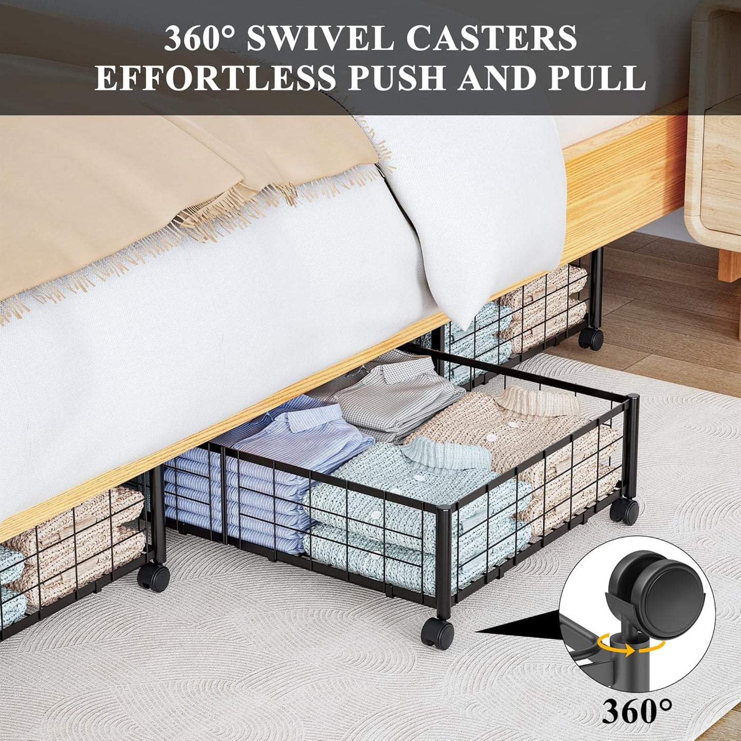 Metal Rolling Storage Basket – Foldable Wire Organizer with Wheels, 23.22×15.74×6.29 inch