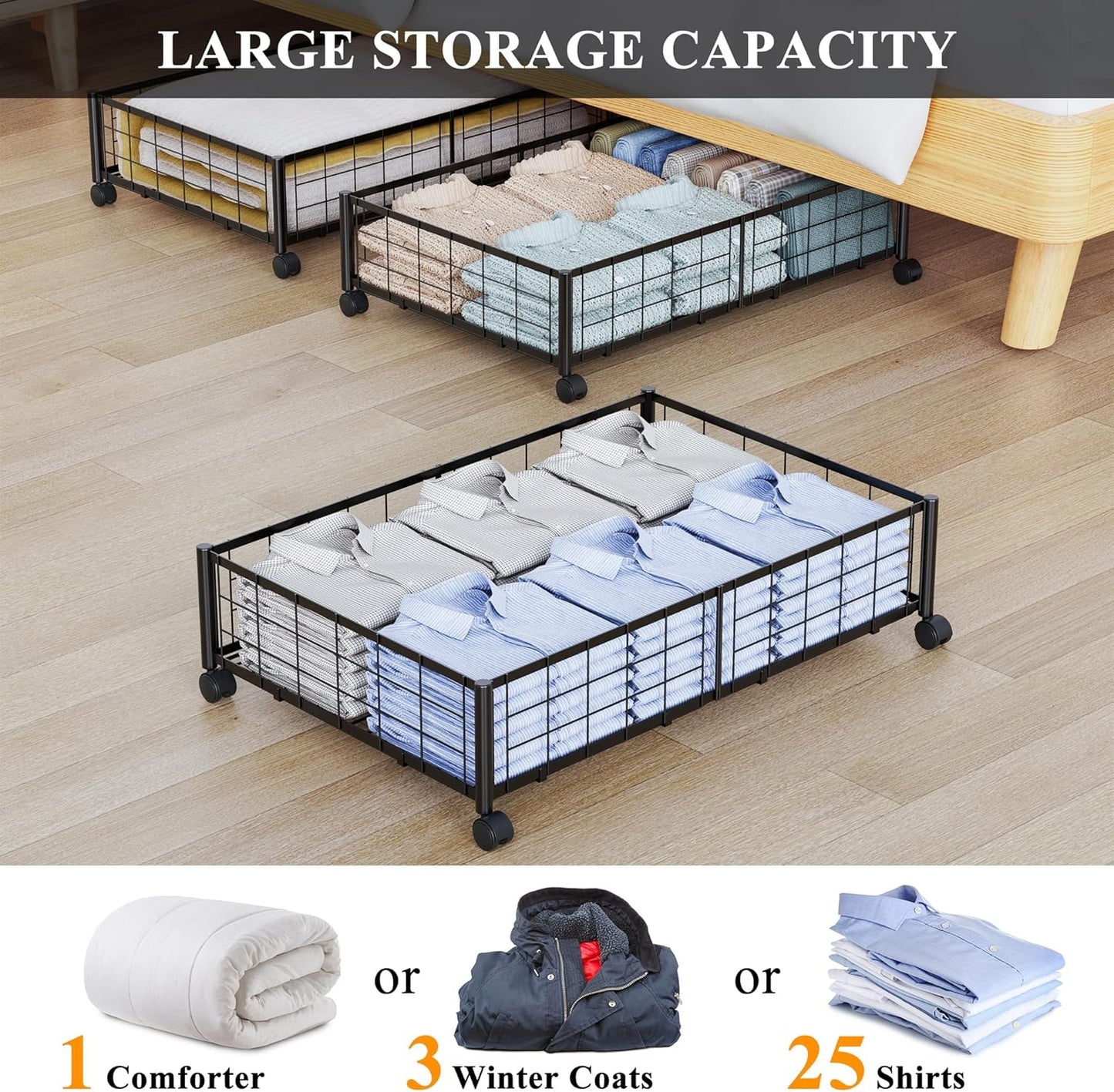 Metal Rolling Storage Basket – Foldable Wire Organizer with Wheels, 23.22×15.74×6.29 inch