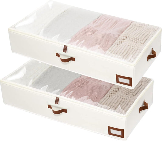 Beige Under Bed Storage Bags (2 Pack) – Large Capacity Organizer with Handles, 33×16.5×6 inch