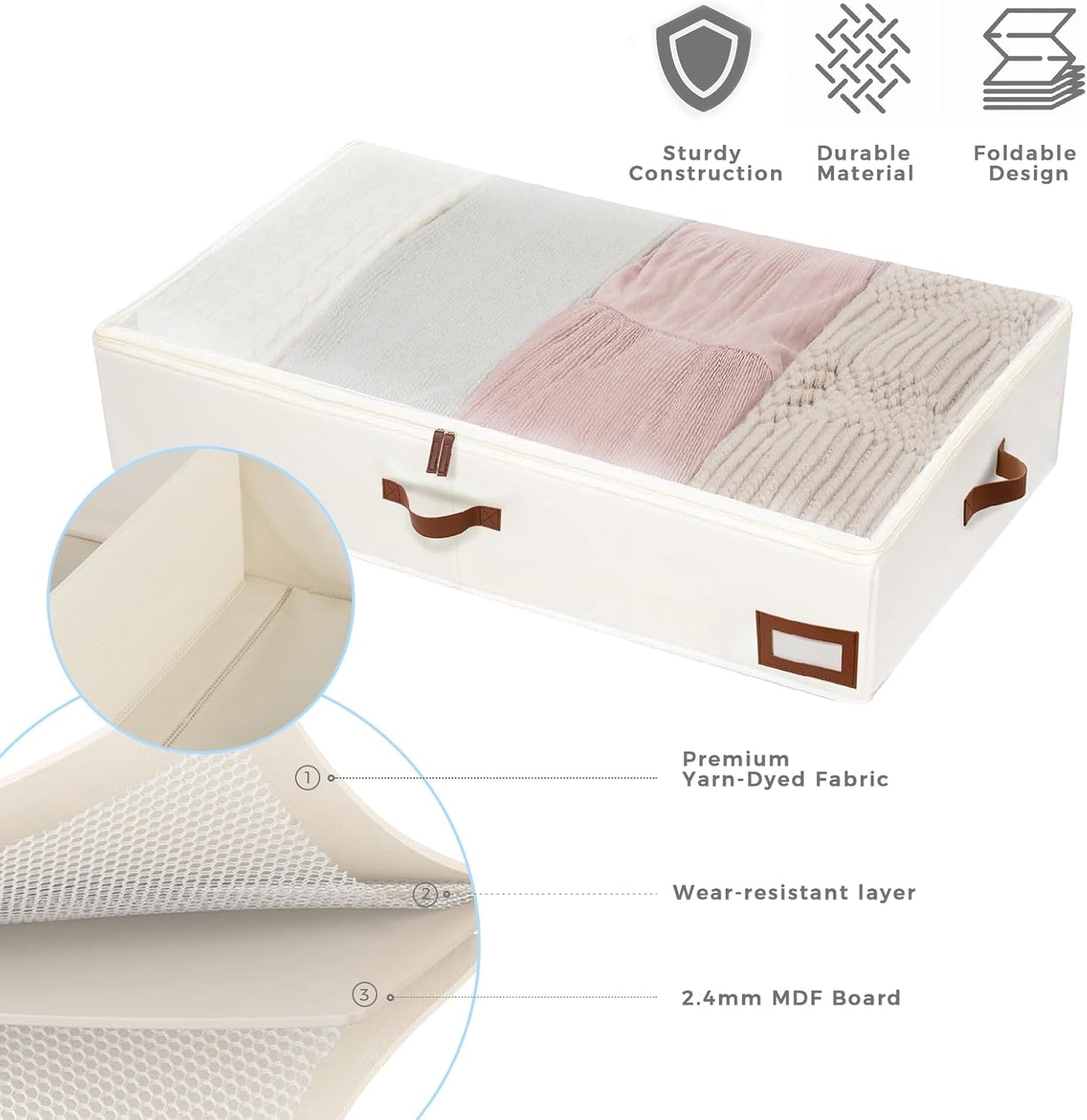 Beige Under Bed Storage Bags (2 Pack) – Large Capacity Organizer with Handles, 33×16.5×6 inch
