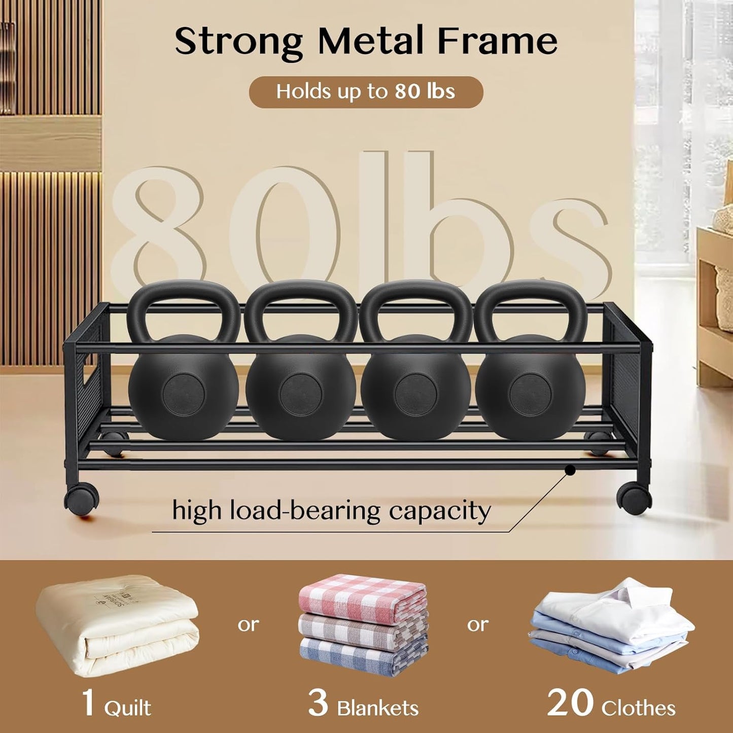 Black Metal Under Bed Storage Bins (2 Pack) – Rolling Wire Storage Organizer, 24.41×16.54×7.48 inch