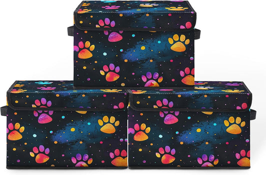 Black Night Sky Paw Print Fabric Storage Box (3 Pack) – Foldable Organizer with Lid, 38×24×24cm