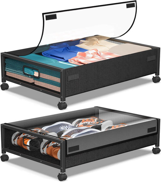 Black Metal Under Bed Storage Bins (2 Pack) – Rolling Wire Storage Organizer, 24.41×16.54×7.48 inch