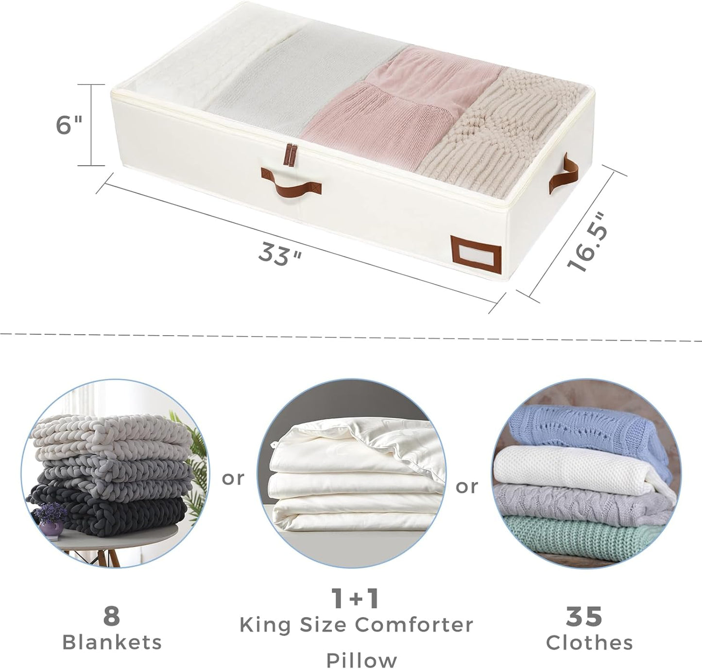 Beige Under Bed Storage Bags (2 Pack) – Large Capacity Organizer with Handles, 33×16.5×6 inch