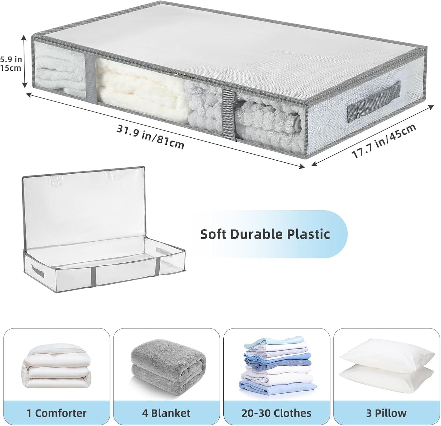 Clear Plastic Under Bed Storage Bags (4 Pack) – Foldable Large Capacity Organizer with Handles, 31.9×17.7×5.9 inch