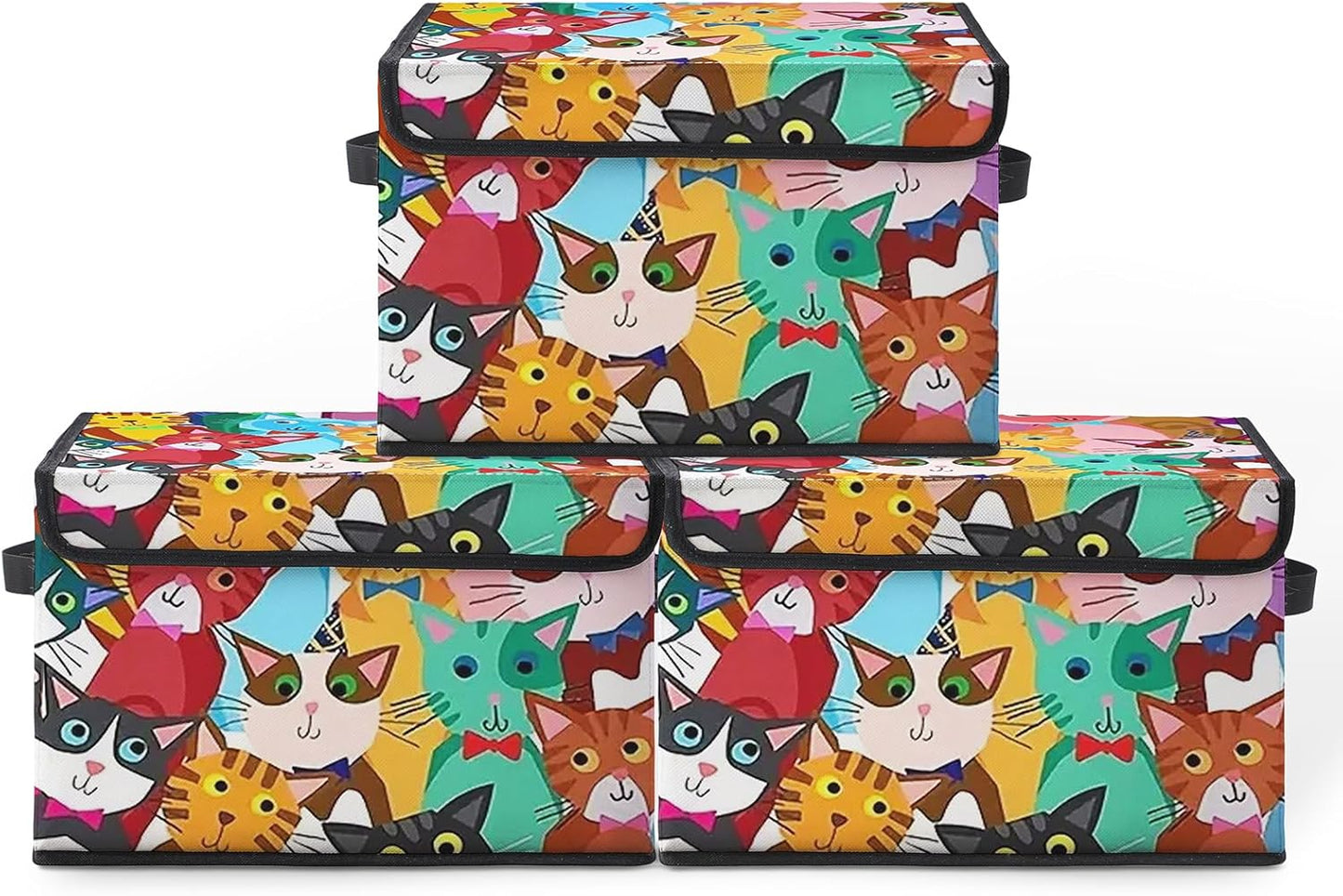 Cartoon Cat Fabric Storage Box (3 Pack) – Foldable Organizer with Lid, 38×24×24cm