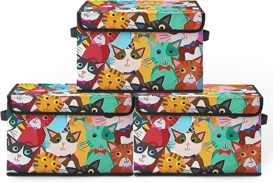Cartoon Cat Fabric Storage Box (3 Pack) – Foldable Organizer with Lid, 38×24×24cm