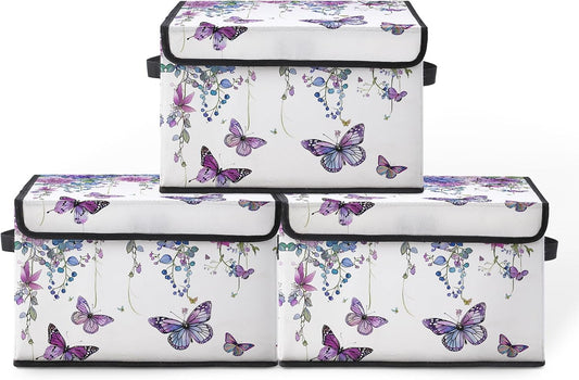 Butterfly Floral Fabric Storage Box (3 Pack) – Foldable Organizer with Lid, 38×24×24cm