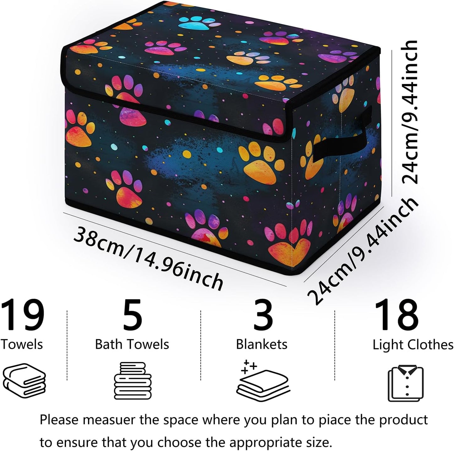 Black Night Sky Paw Print Fabric Storage Box (3 Pack) – Foldable Organizer with Lid, 38×24×24cm