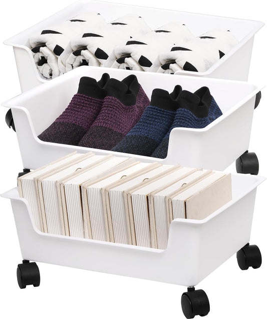 White Plastic Rolling Storage Bins (3 Pack) – Under Bed/Closet Organizer with Wheels, 15×11.75×6.75 inch