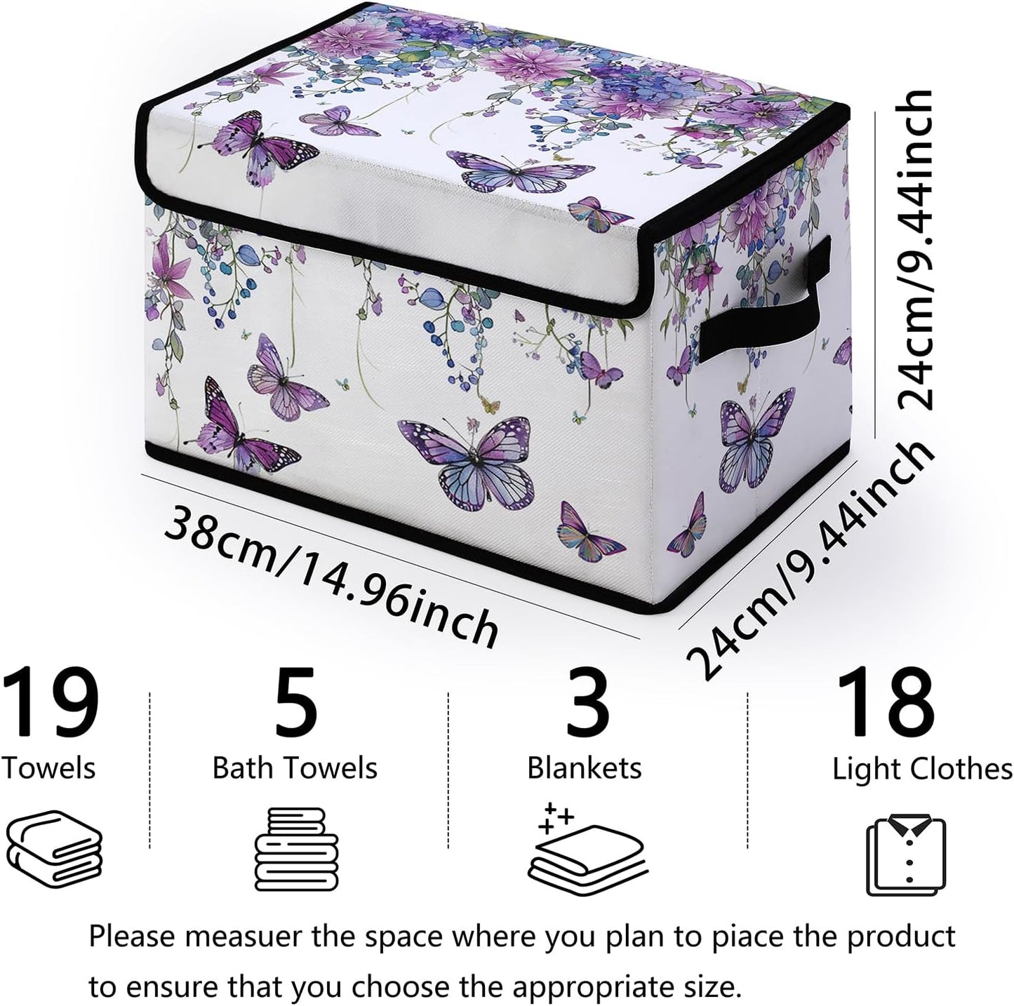 Butterfly Floral Fabric Storage Box (3 Pack) – Foldable Organizer with Lid, 38×24×24cm