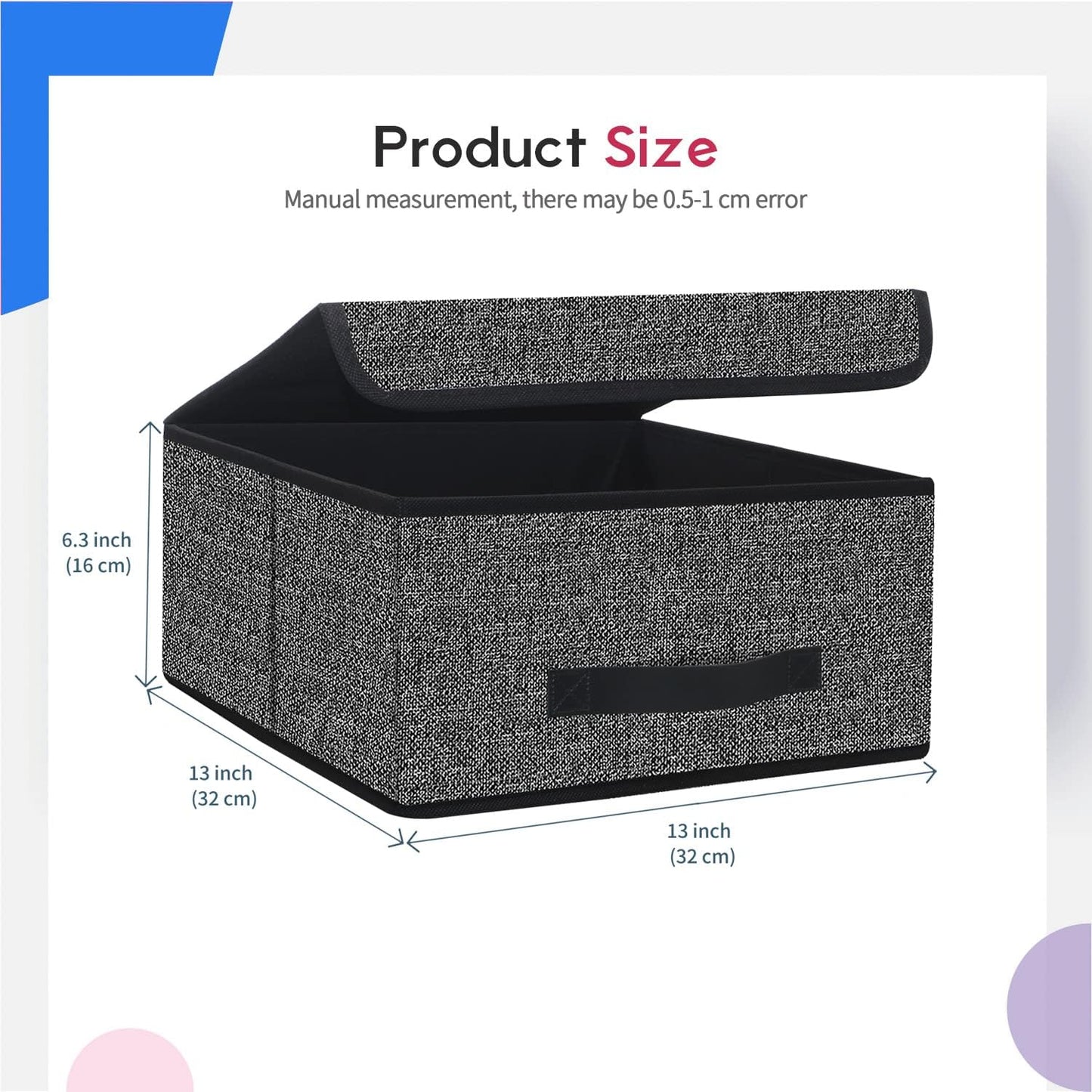 Black Fabric Storage Box with Lid – 13×13×6.3 inch Foldable Organizer Bin with Handle