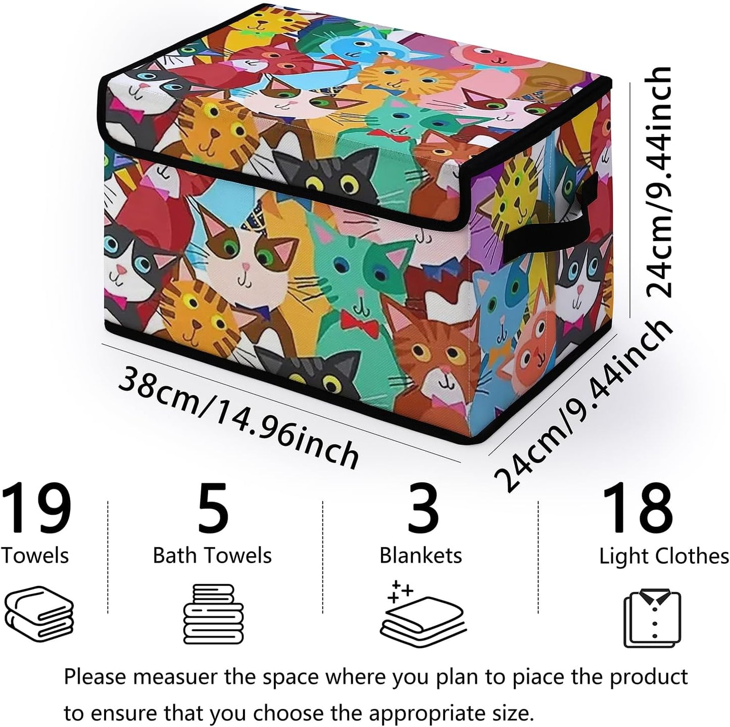 Cartoon Cat Fabric Storage Box (3 Pack) – Foldable Organizer with Lid, 38×24×24cm