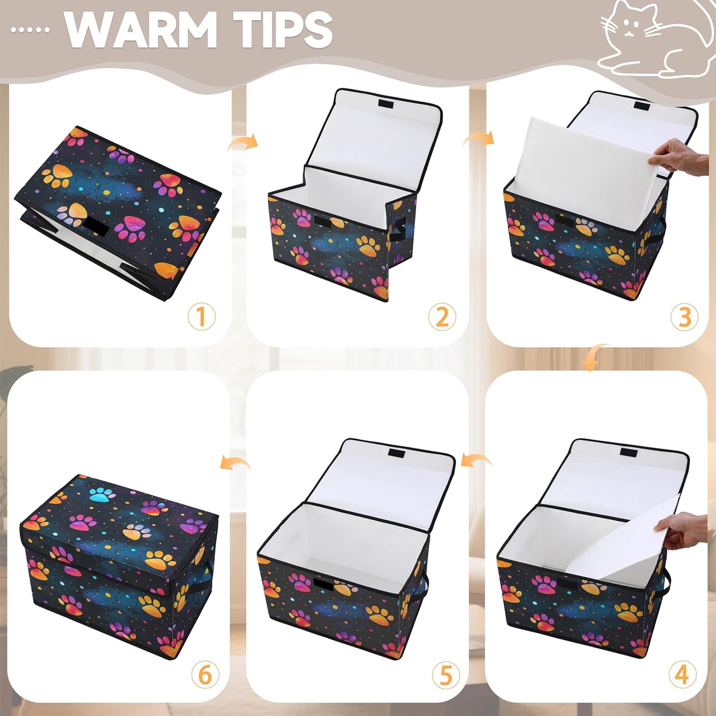Black Night Sky Paw Print Fabric Storage Box (3 Pack) – Foldable Organizer with Lid, 38×24×24cm