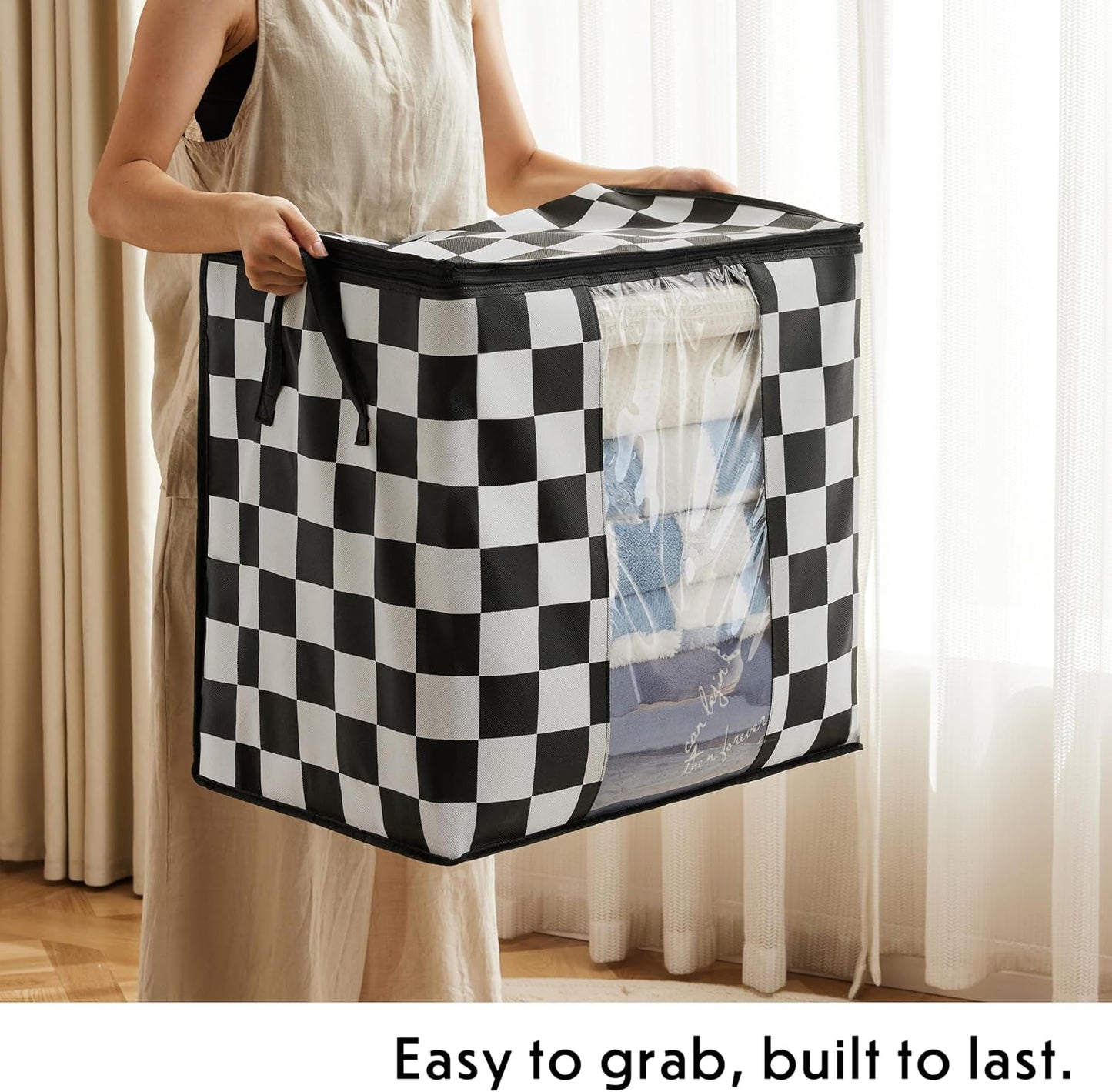 100L Large Storage Bags (3 Pack) – Black & White Plaid Fabric Organizers with Clear Window & Handles, 20.5×14.6×20.5 inch