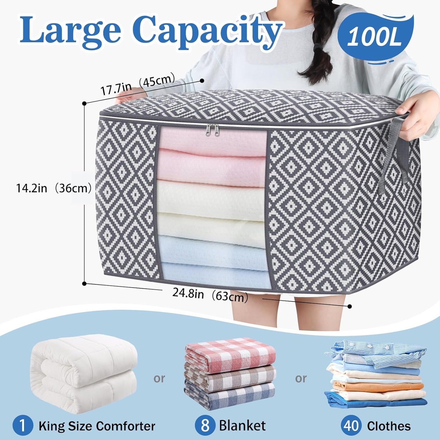 100L Large Fabric Storage Bags (3 Pack) – Foldable Organizers with Clear Window & Reinforced Handles, 24.8×17.7×14.2 inch