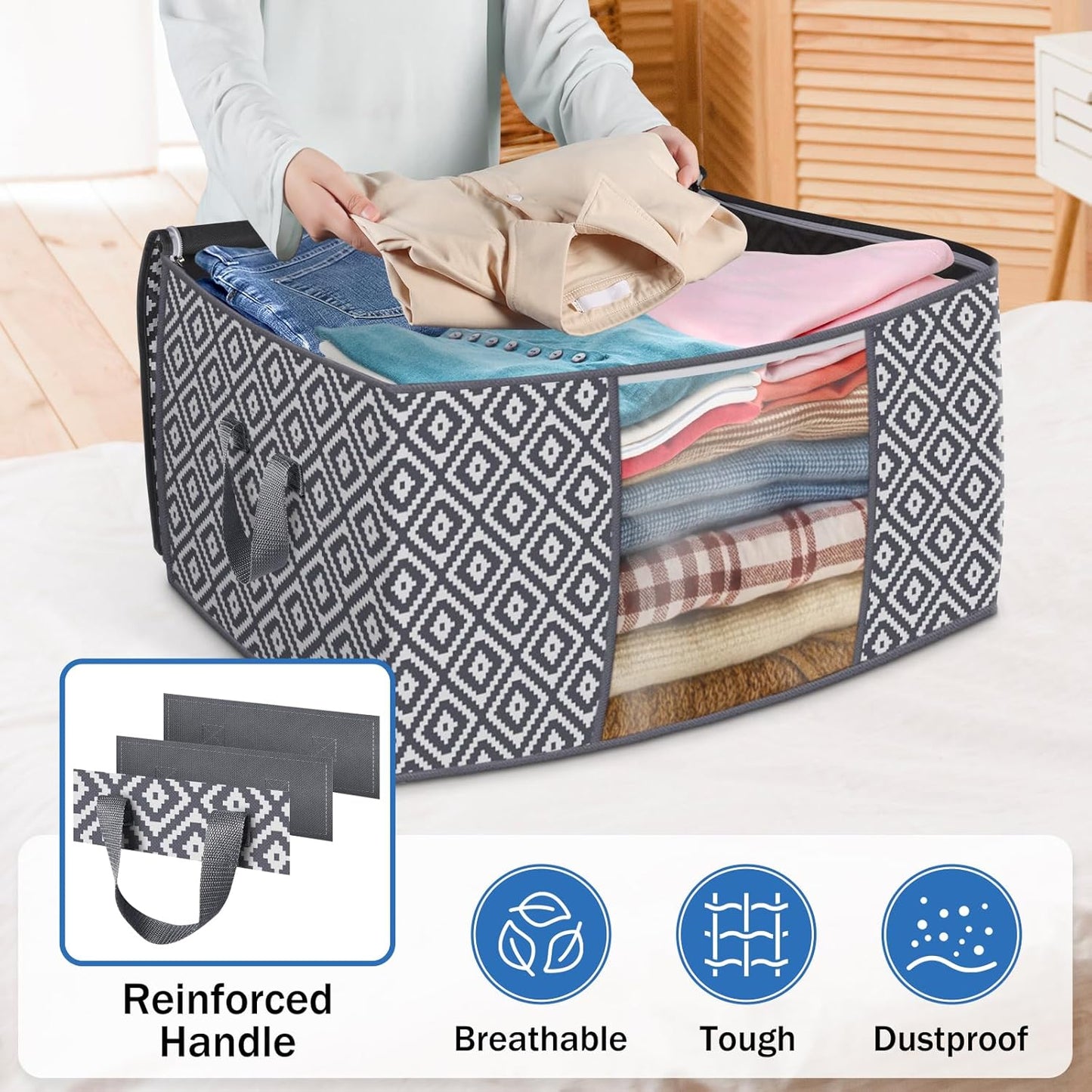 100L Large Fabric Storage Bags (3 Pack) – Foldable Organizers with Clear Window & Reinforced Handles, 24.8×17.7×14.2 inch