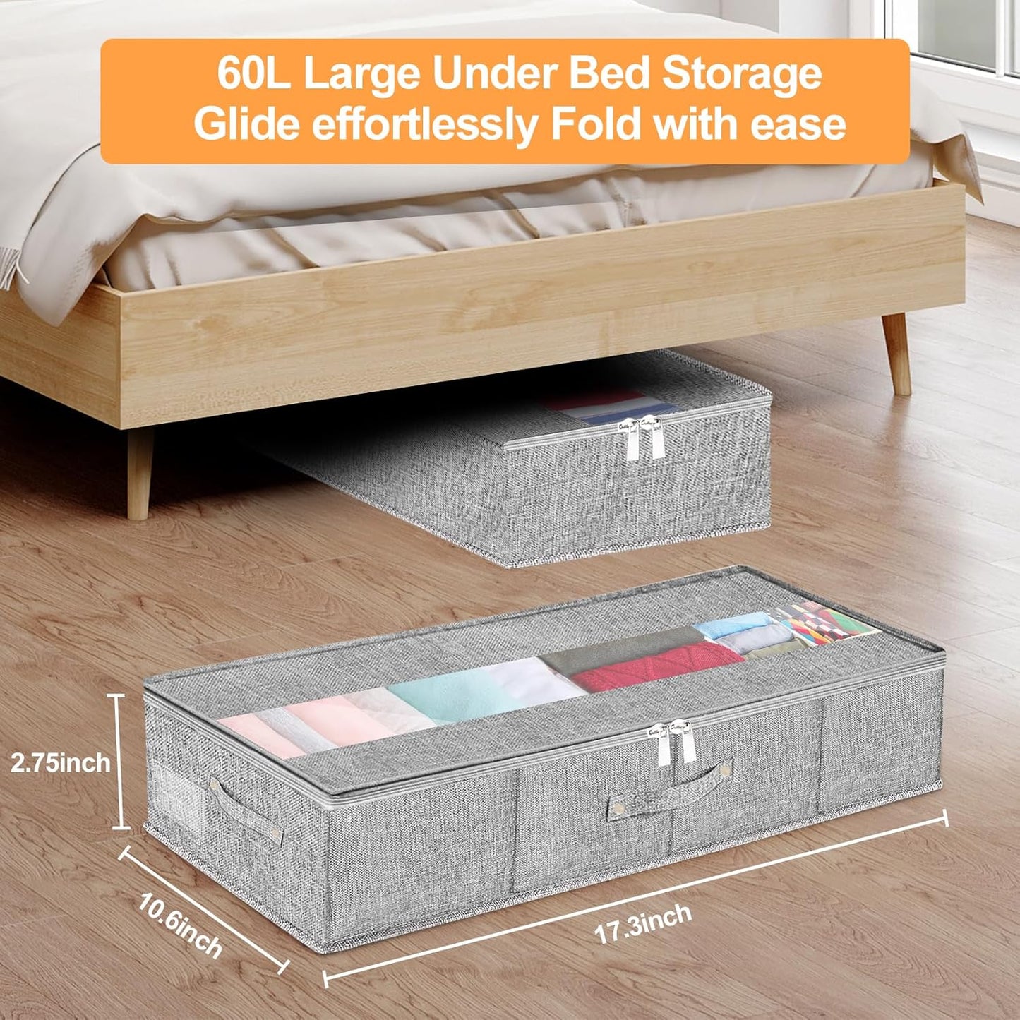 Under Bed Storage Bag – 60L Large Capacity Fabric Organizer with Clear Window, Foldable Design (Gray)