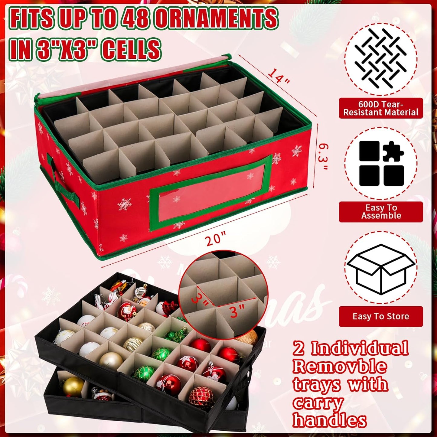 Christmas Ornament Storage Box – 48 Compartments with Removable Trays, Handles, 20×14×6.3 inch