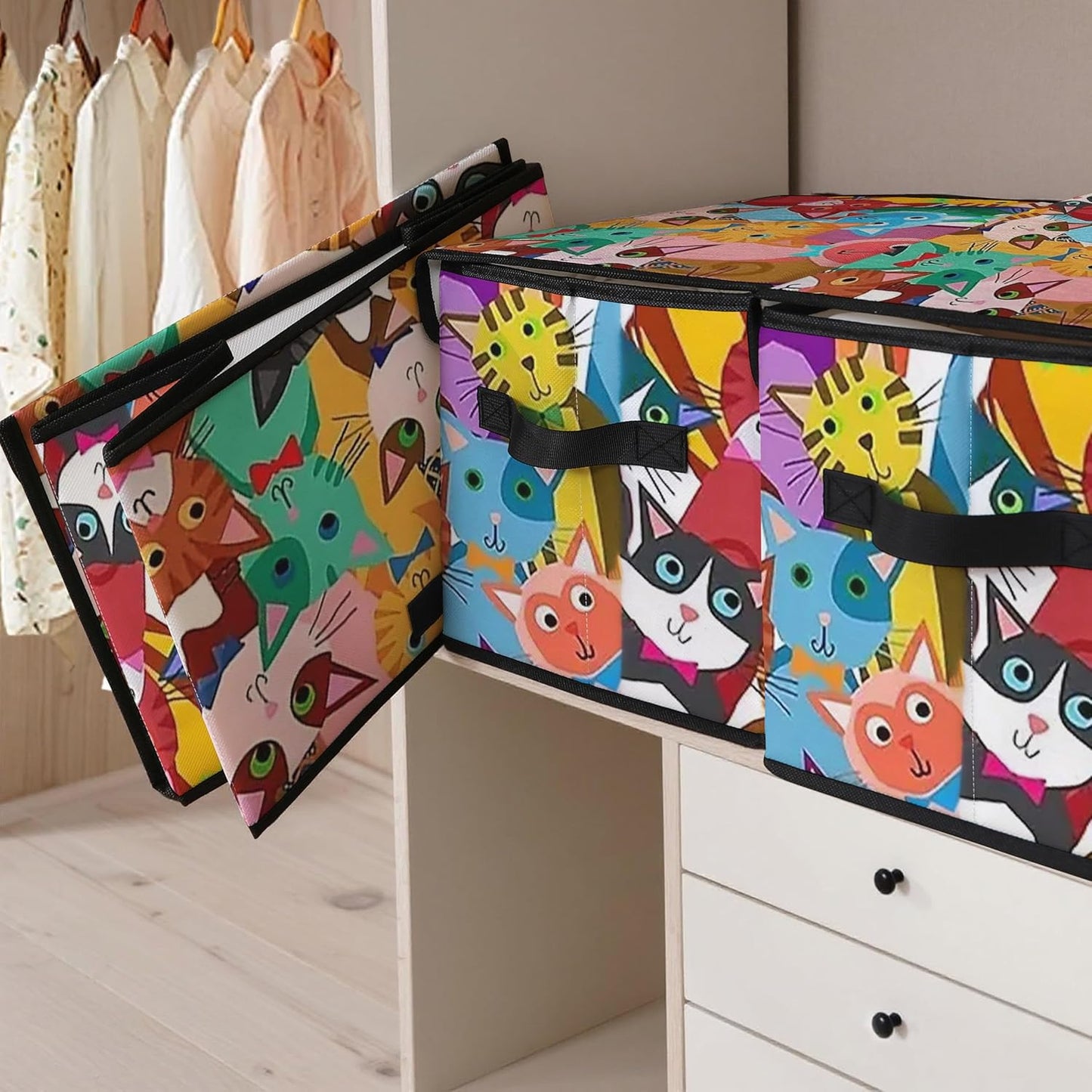 Cartoon Cat Fabric Storage Box (3 Pack) – Foldable Organizer with Lid, 38×24×24cm