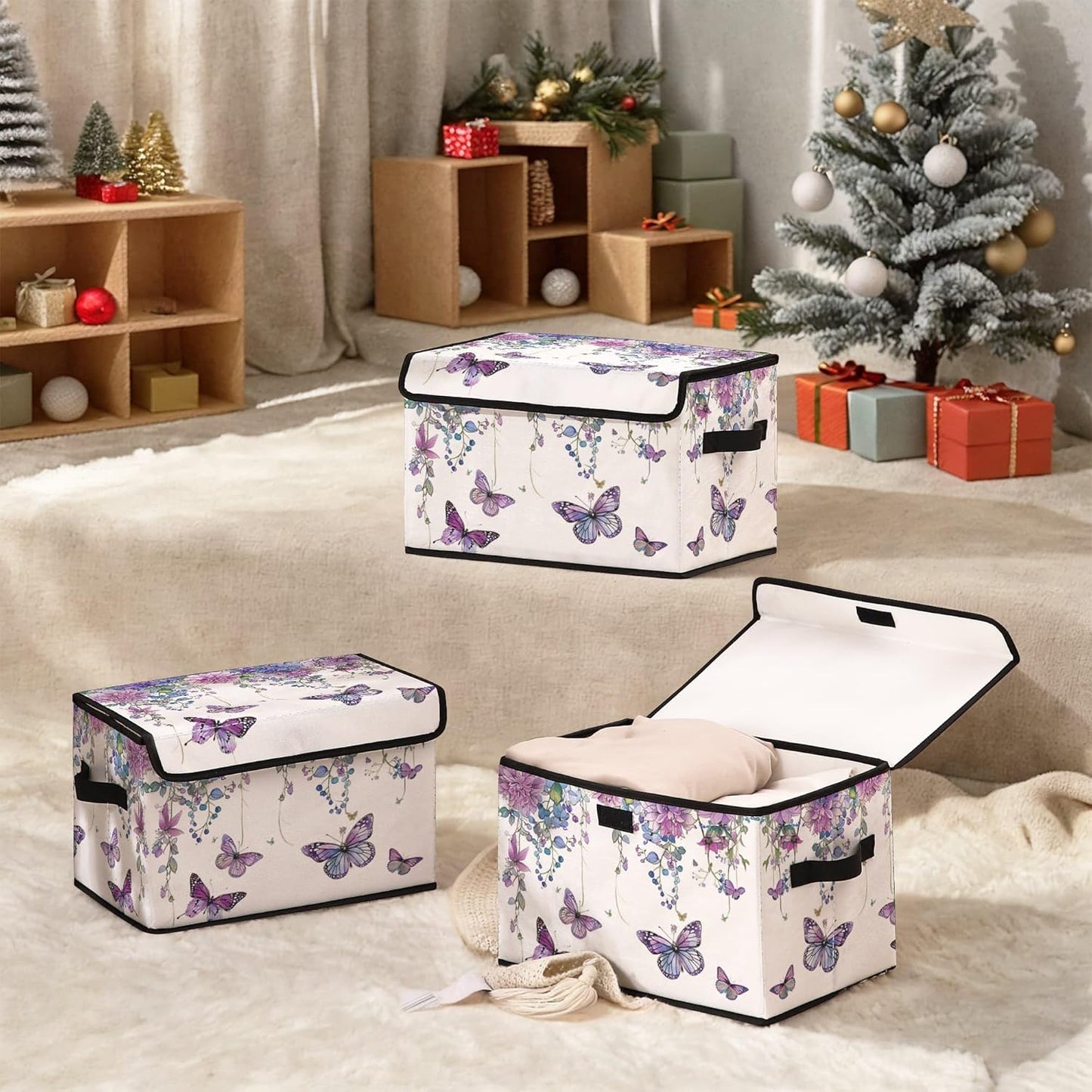 Butterfly Floral Fabric Storage Box (3 Pack) – Foldable Organizer with Lid, 38×24×24cm