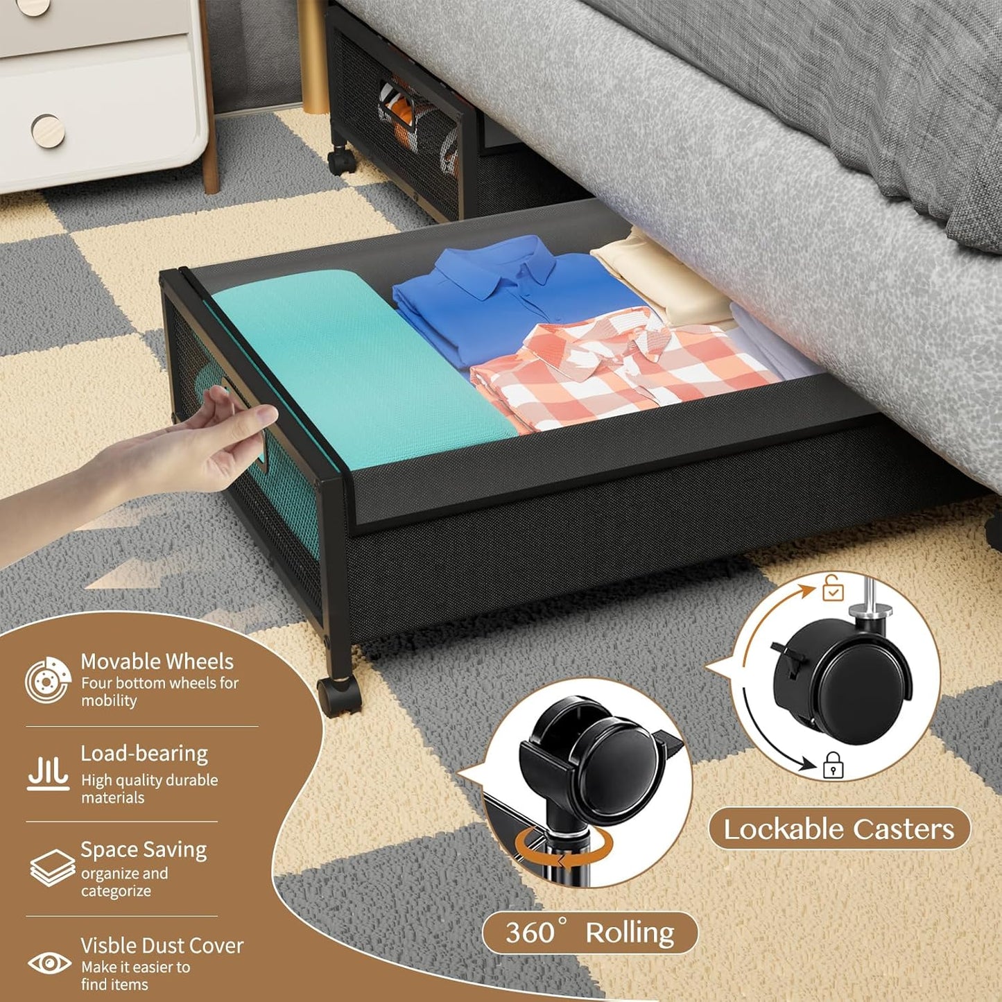 Black Metal Under Bed Storage Bins (2 Pack) – Rolling Wire Storage Organizer, 24.41×16.54×7.48 inch