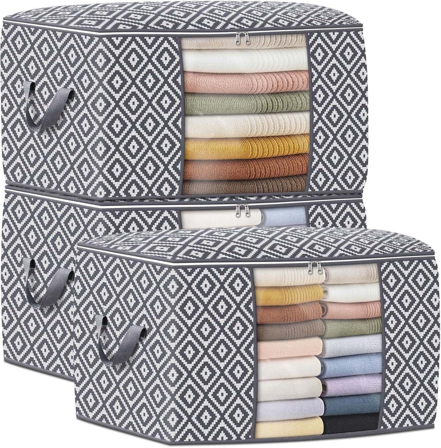 100L Large Fabric Storage Bags (3 Pack) – Foldable Organizers with Clear Window & Reinforced Handles, 24.8×17.7×14.2 inch