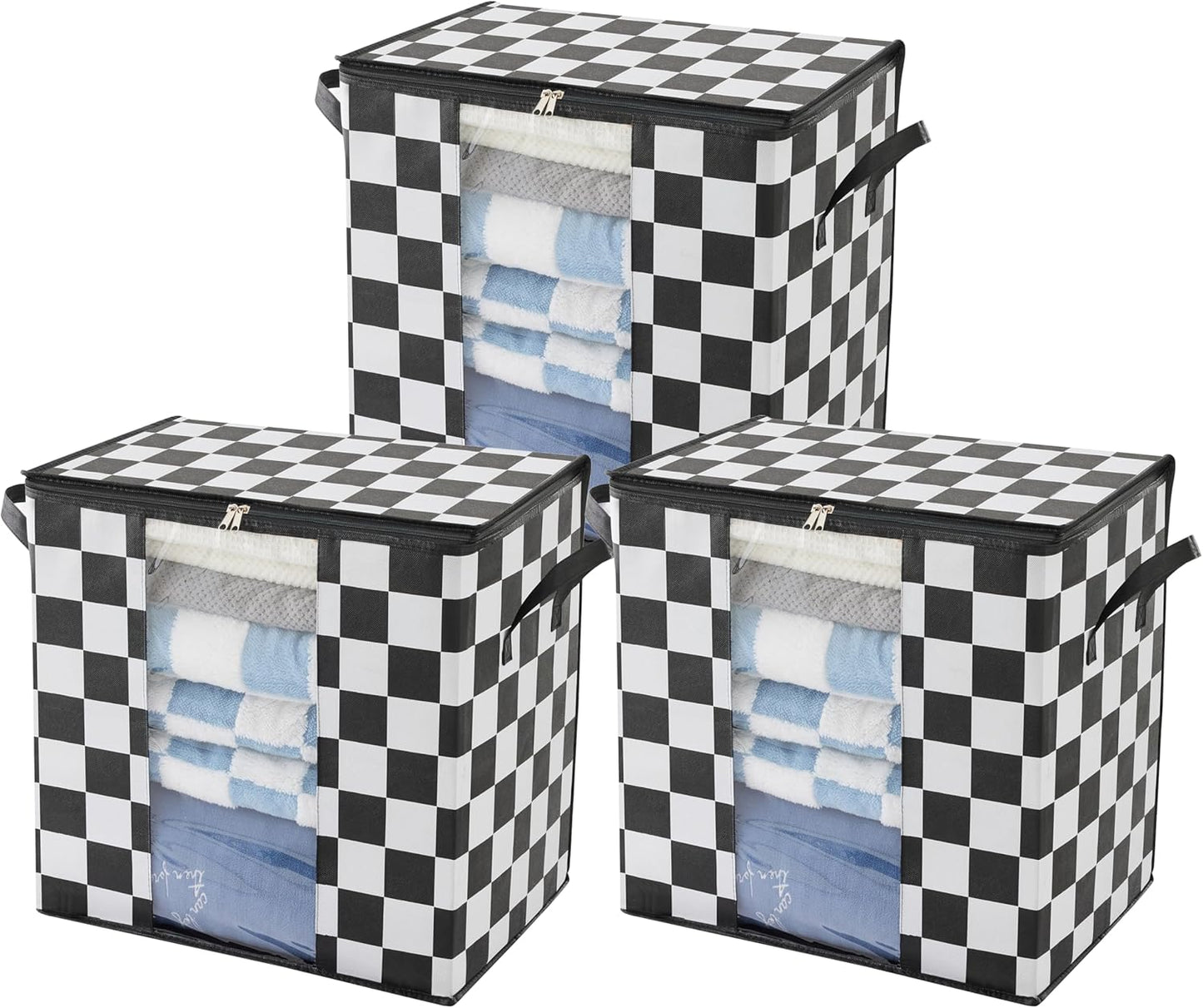 100L Large Storage Bags (3 Pack) – Black & White Plaid Fabric Organizers with Clear Window & Handles, 20.5×14.6×20.5 inch