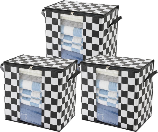 100L Large Storage Bags (3 Pack) – Black & White Plaid Fabric Organizers with Clear Window & Handles, 20.5×14.6×20.5 inch