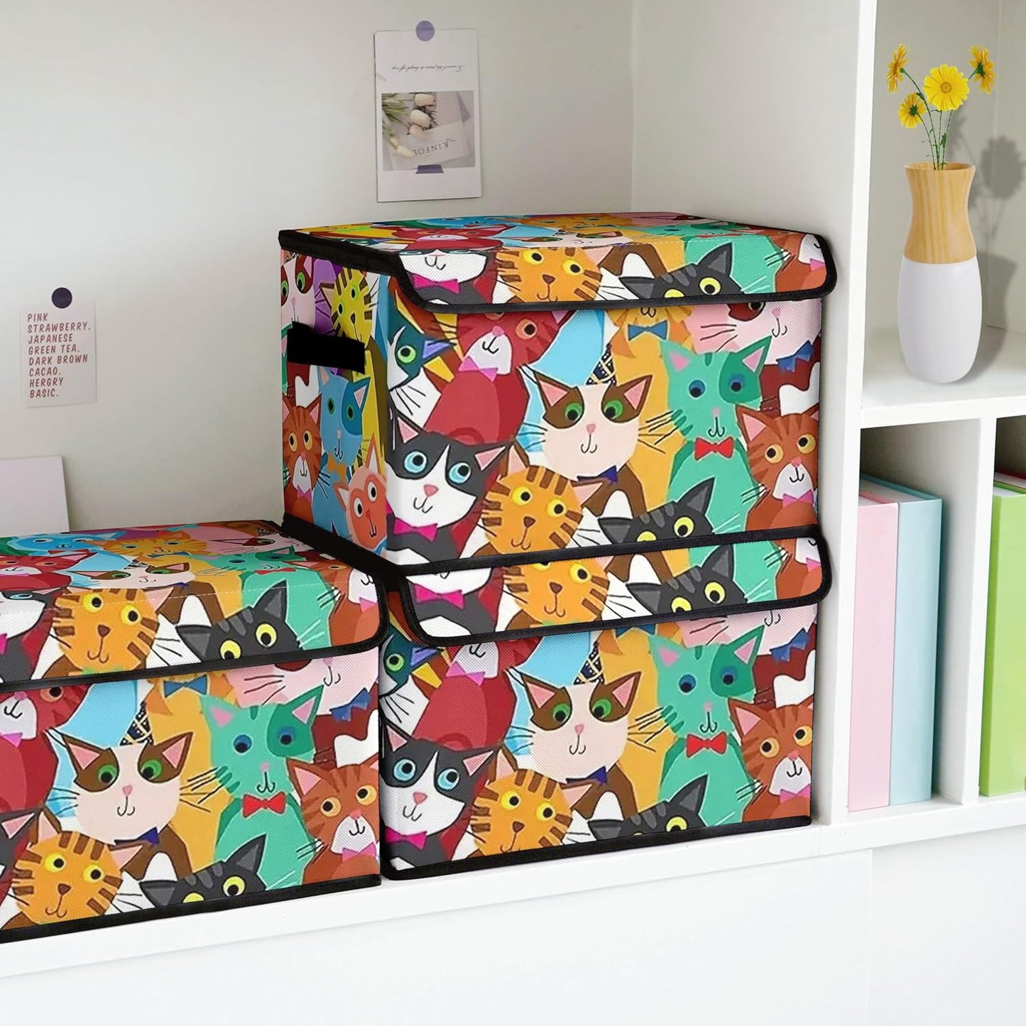 Cartoon Cat Fabric Storage Box (3 Pack) – Foldable Organizer with Lid, 38×24×24cm