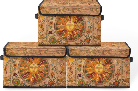 Vintage Sun Floral Fabric Storage Box (3 Pack) – Foldable Organizer with Lid, 38×24×24cm