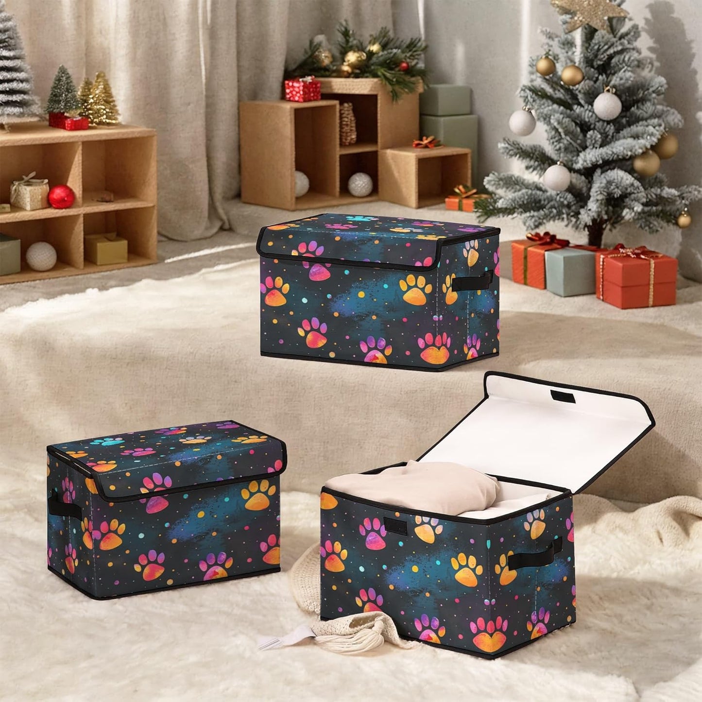 Black Night Sky Paw Print Fabric Storage Box (3 Pack) – Foldable Organizer with Lid, 38×24×24cm