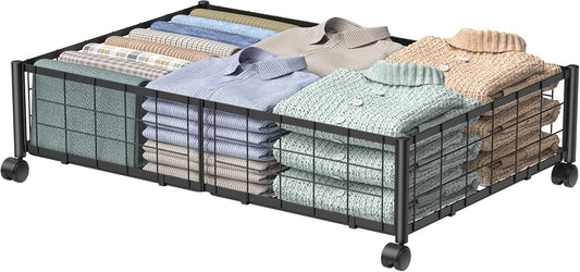 Metal Rolling Storage Basket – Foldable Wire Organizer with Wheels, 23.22×15.74×6.29 inch