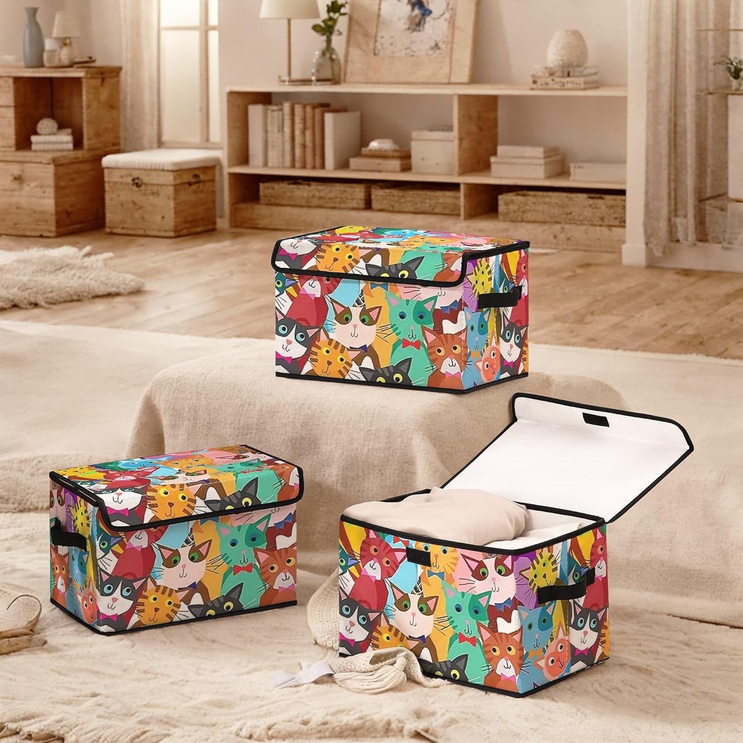 Cartoon Cat Fabric Storage Box (3 Pack) – Foldable Organizer with Lid, 38×24×24cm