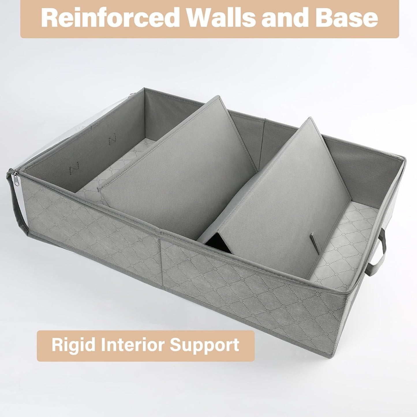 Gray Fabric Under Bed Storage Bags (2 Pack) – Large Capacity Foldable Organizers with Clear Lid and Handles, 24×16×6 inch