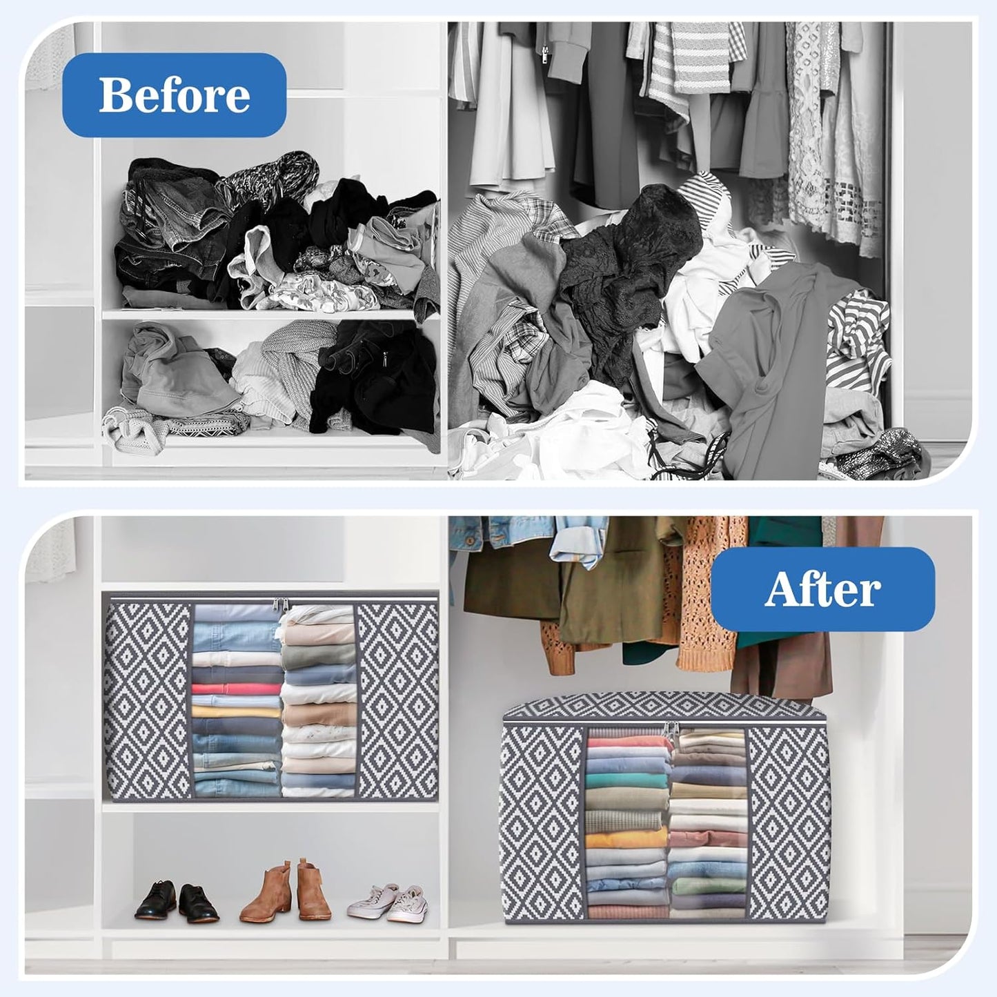 100L Large Fabric Storage Bags (3 Pack) – Foldable Organizers with Clear Window & Reinforced Handles, 24.8×17.7×14.2 inch