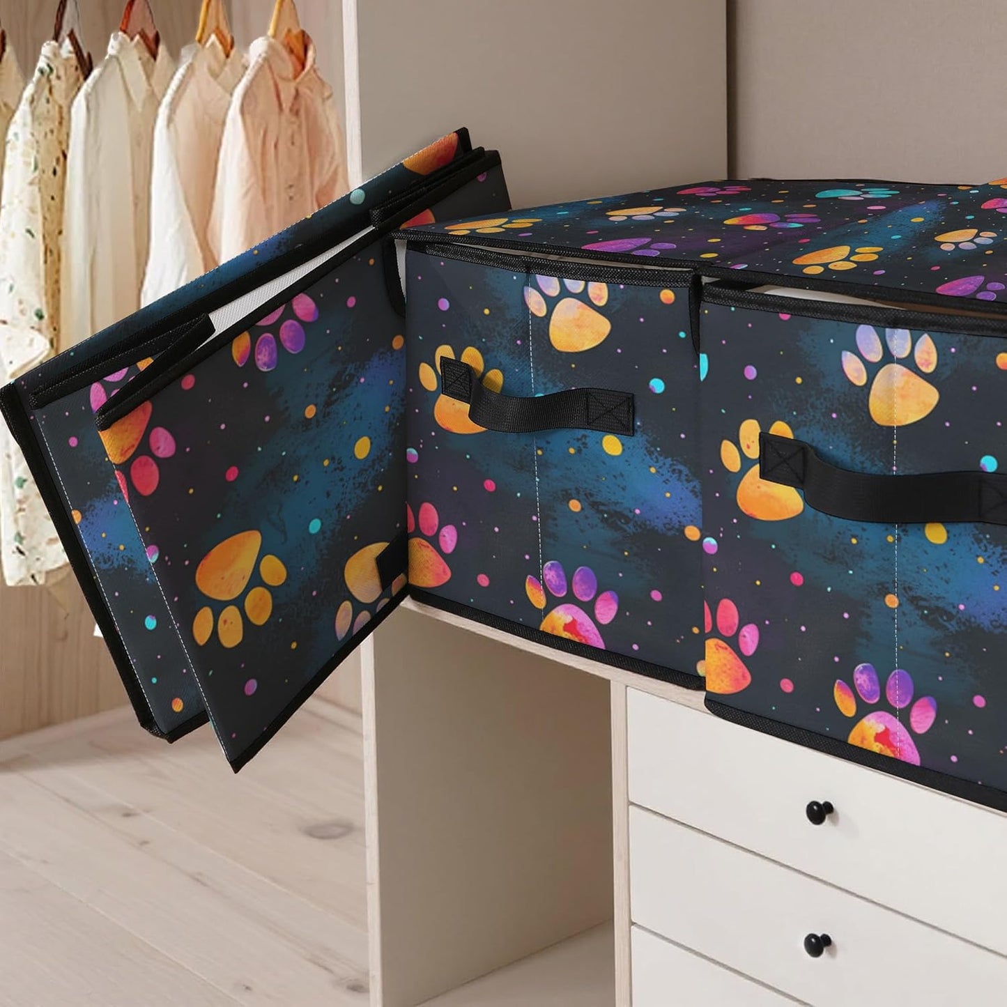 Black Night Sky Paw Print Fabric Storage Box (3 Pack) – Foldable Organizer with Lid, 38×24×24cm
