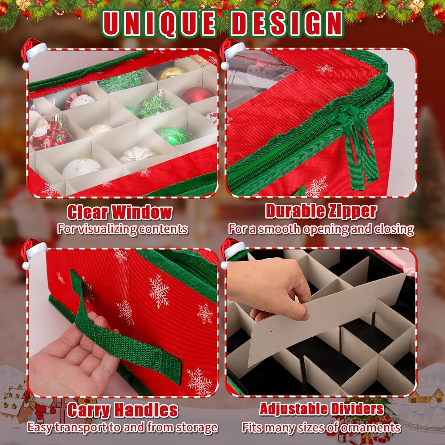 Christmas Ornament Storage Box – 48 Compartments with Removable Trays, Handles, 20×14×6.3 inch