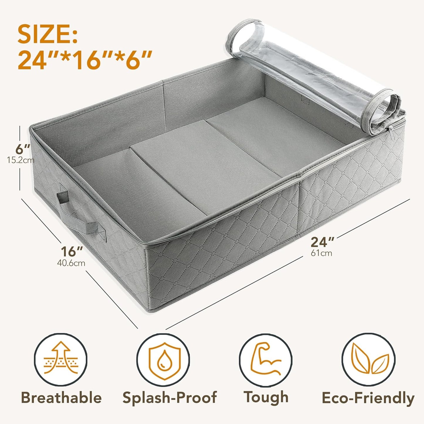 Gray Fabric Under Bed Storage Bags (2 Pack) – Large Capacity Foldable Organizers with Clear Lid and Handles, 24×16×6 inch