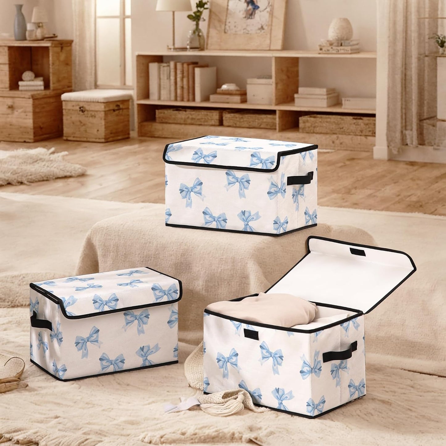Butterfly Pattern Fabric Storage Box (3 Pack) – Foldable Organizer with Lid, 38×24×24cm